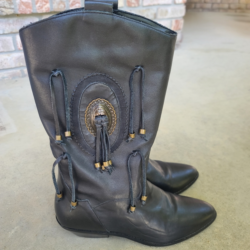 Vintage Dingo Black Leather Brass Slotted Concho Tassel Western Cowboy Boots 9